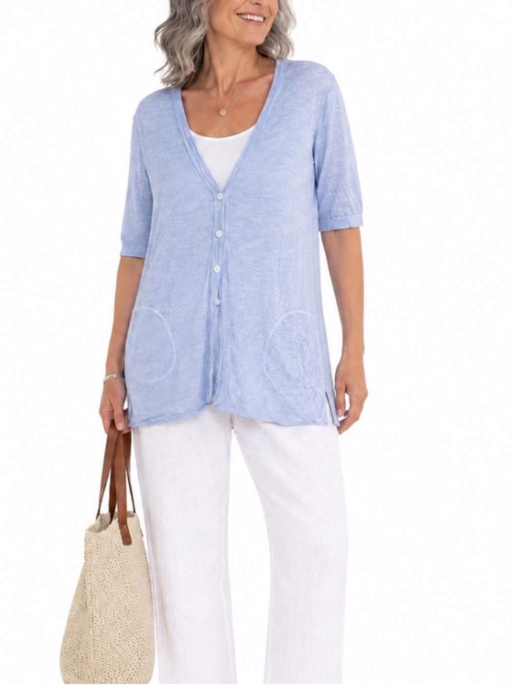 J. Jill pale blue linen blend short sleeve breezy topper cardigan Size S